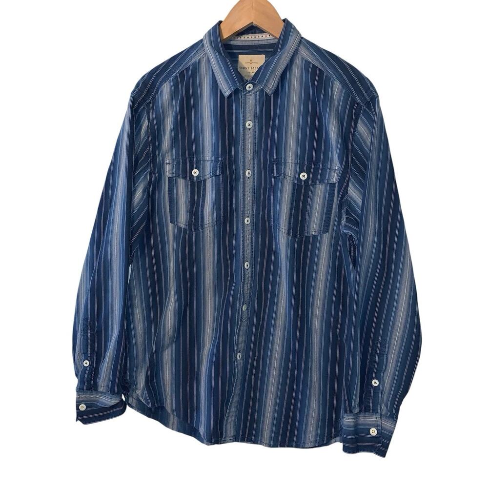 TOMMY BAHAMA JEANS mens long sleeve stripe button up Cotton Shirt blue Large